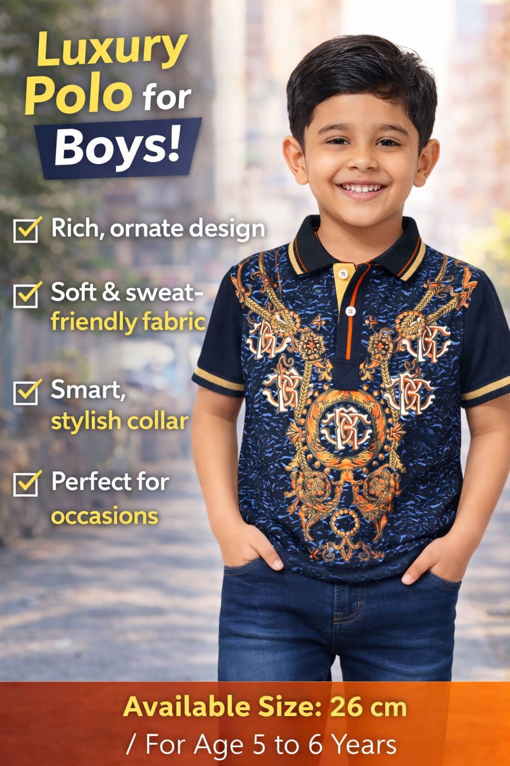 Boys Navy Blue Designer Polo T-Shirt with Royal Golden Print | Premium Cotton Party Wear T-Shirt for Kids (Age 5–6 Years)