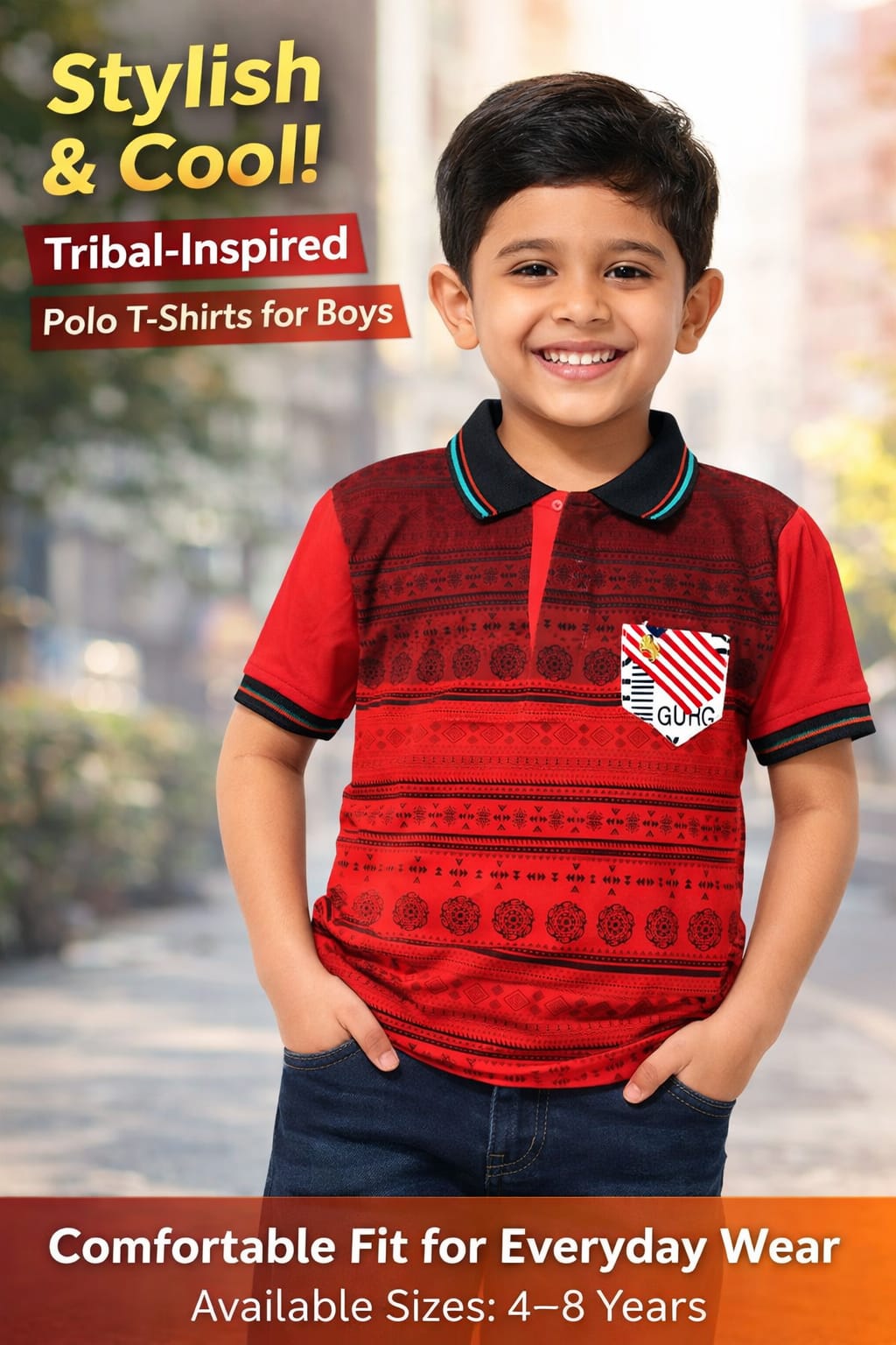 Boys Red Printed Polo T-Shirt | Tribal Pattern Cotton Half Sleeve T-Shirt for Kids (4–8 Years)