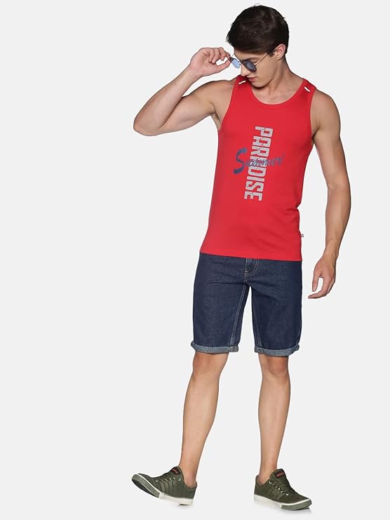 DOLLAR ATHLEISURE Men Regular Fit Typographic Sleeveless Vest with Scoop Neck (All Sizes S, M , L &XL)