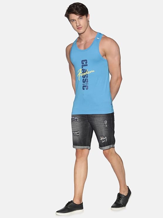 DOLLAR ATHLEISURE Men Regular Fit Typographic Sleeveless Vest with Scoop Neck (All Sizes S, M , L &XL)