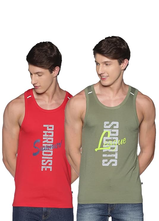 DOLLAR ATHLEISURE Men Regular Fit Typographic Sleeveless Vest with Scoop Neck (All Sizes S, M , L &XL)