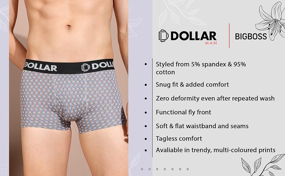 Dollar Bigboss Men's Assorted Cotton Trunk BTR17  Size M to XXL (Colour may vary)