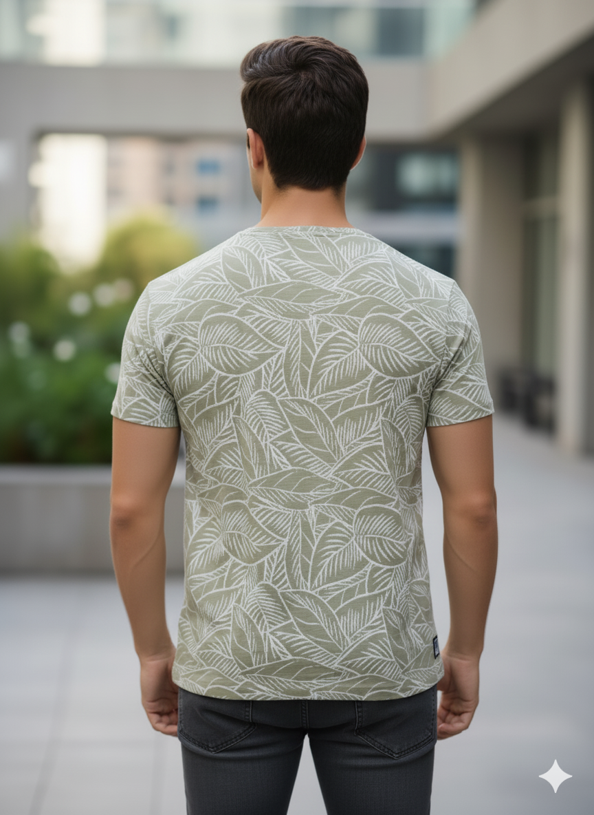 Men's Olive Green Leaf Print Short Sleeve T-Shirt: The 'Restrive' Relaxed Fit