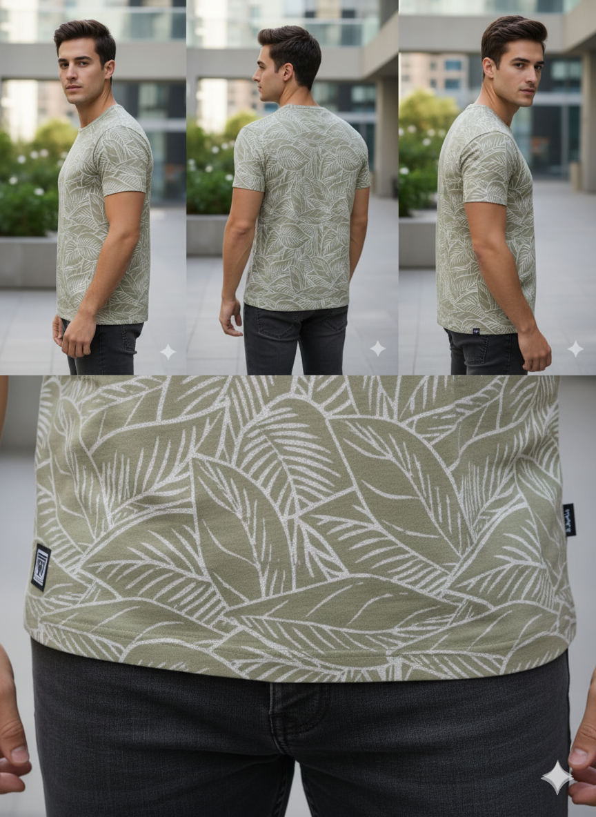 Men's Olive Green Leaf Print Short Sleeve T-Shirt: The 'Restrive' Relaxed Fit