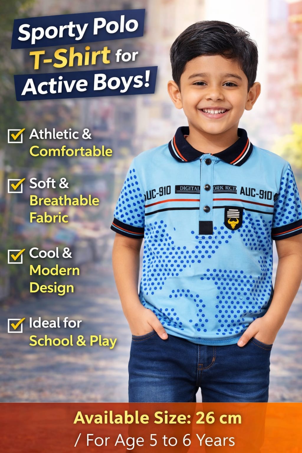 Boys Light Blue Sporty Polo T-Shirt | Soft Cotton Casual Wear | Age 5–6 Years | Trendy Printed Kids T-Shirt