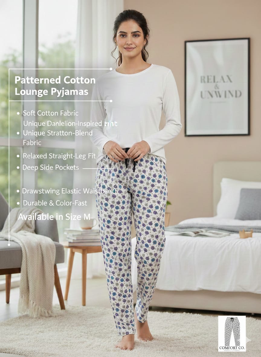 Women’s Patterned Cotton Lounge Pyjamas – Soft Printed Night & Home Wear Pants (Size M)