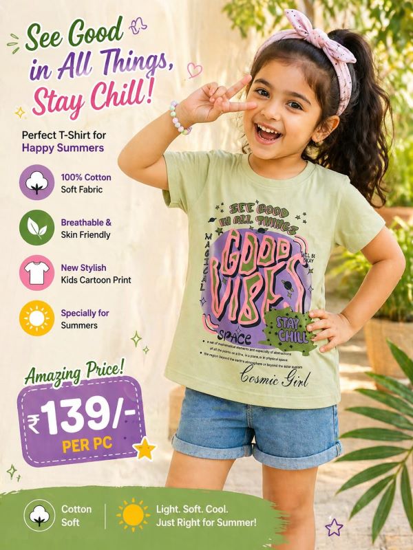 Girls 100% Cotton Printed T-Shirt – Soft, Breathable Summer Wear for Kids (Age 3–4 Years)