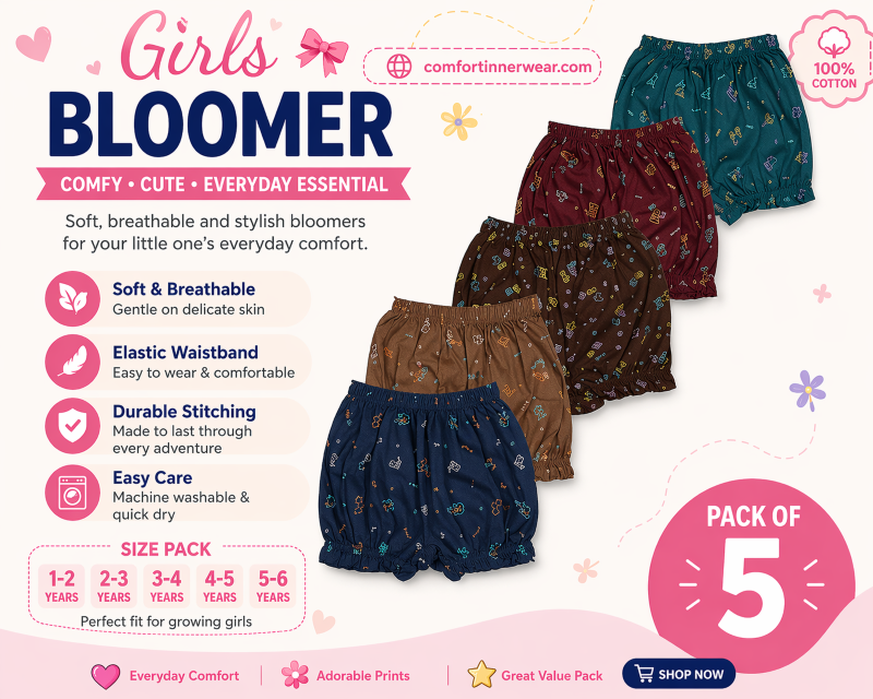 Girls Cotton Bloomers Pack of 5 | Soft & Breathable Kids Underwear | Elastic Waist | Daily Wear Bloomer Shorts for Girls (1–6 Years)