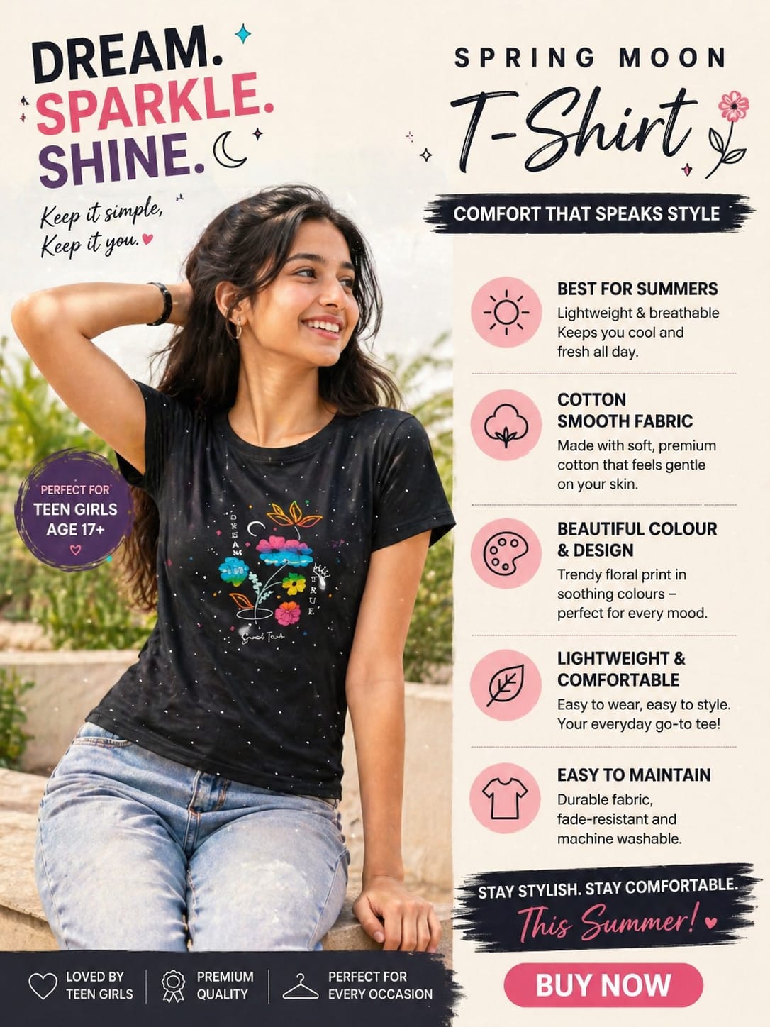 Stylish Spring Moon Girls Black Printed T-Shirt Online Cotton Summer for Teen Girls –Size M