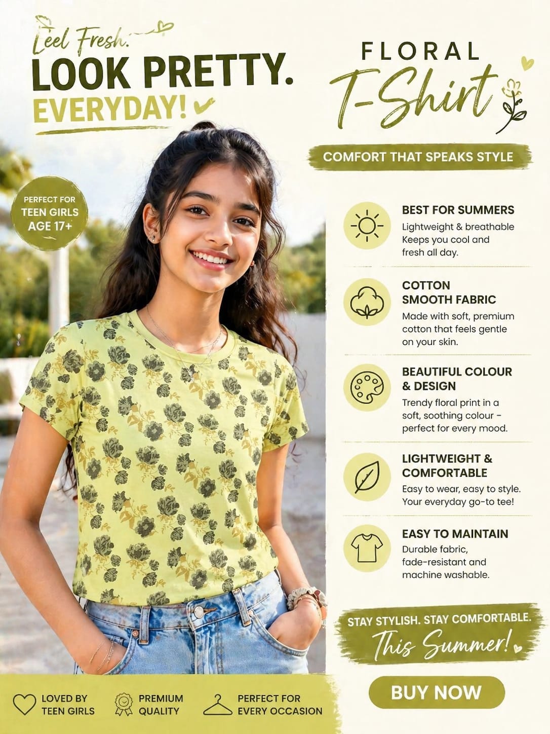 Cotton Floral Printed Girls T-Shirt Online | Soft Cotton Summer Top for Teen Girls Size M
