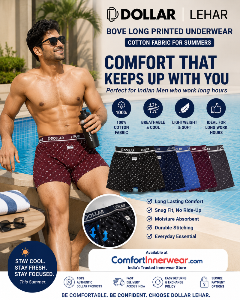 Dollar Lehar  Long Printed Men’s Underwear Size L (90 cm) – Soft Cotton Comfort Boxer for Summers