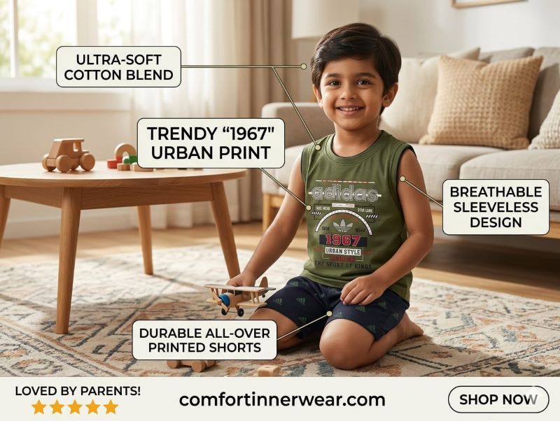Kids Sleeveless Cotton Night Suit Set for Boys  Soft Summer Wear Size 24 cm