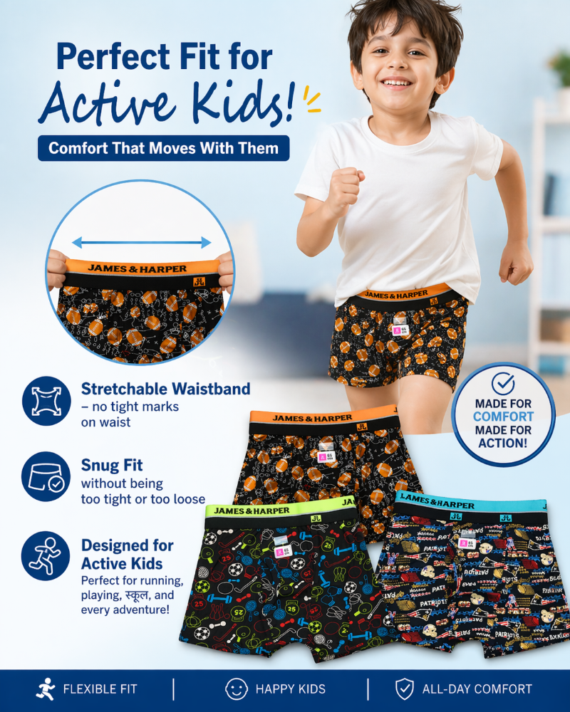 Boys Printed Boxer Underwear Combo Pack | Soft & Comfortable Kids Innerwear  Size 60 cm to 73 cm  James & Harper Comfort Innerwear