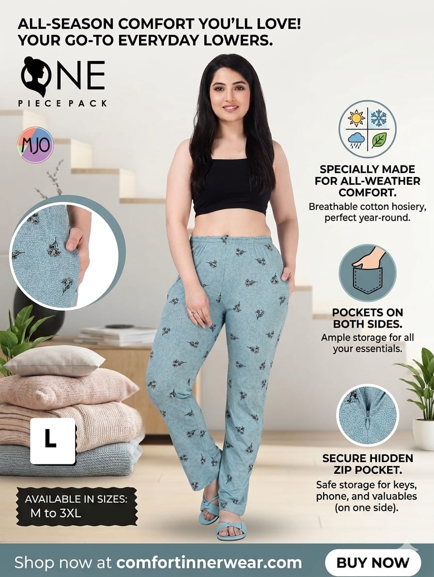 Women’s Cotton Printed Lowers with Pockets | All-Season Comfortable Pajama Pants  Ladies Lowers  Size L