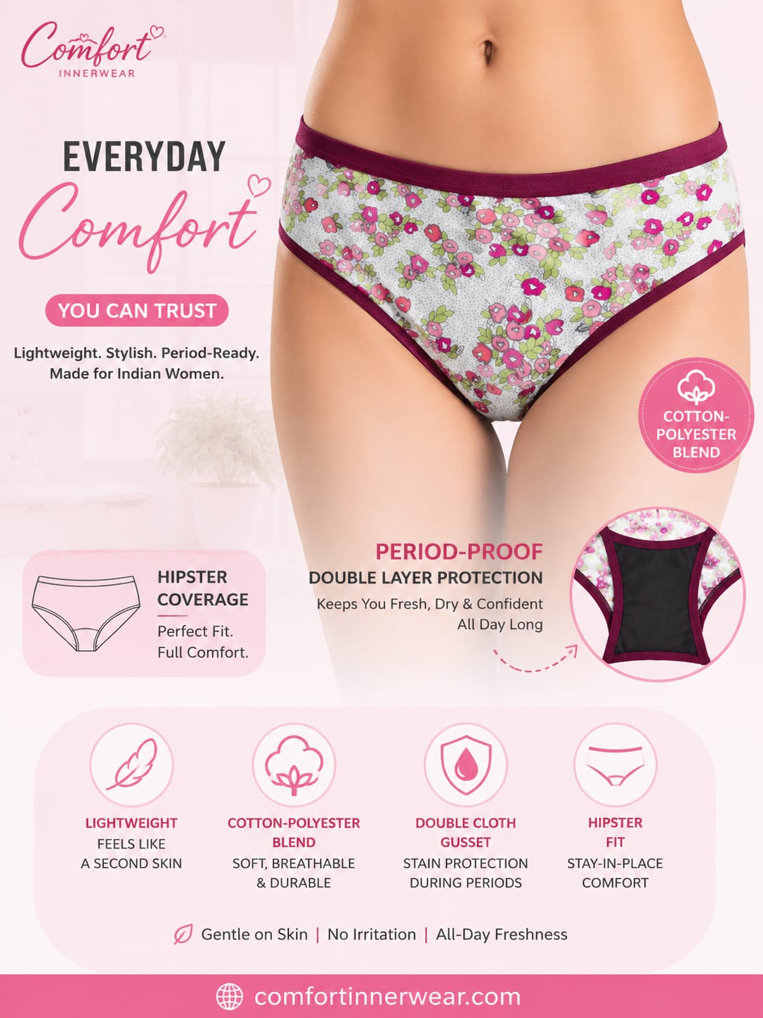Comfort Women's Printed Hipster Panty – Soft, Lightweight & Period-Friendly