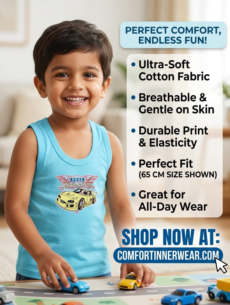 Comfort Kids Premium Cotton Vest – Sky Blue Racer Print Sleeveless Vest for Boys