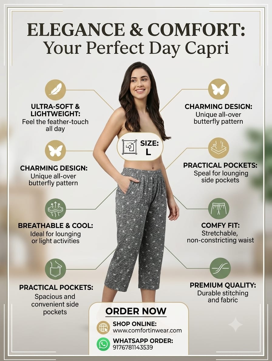 Women's Grey Butterfly Printed Capri with Pockets | Ultra Soft & Lightweight Lounge Capri | Size L - Comfort Innerwear