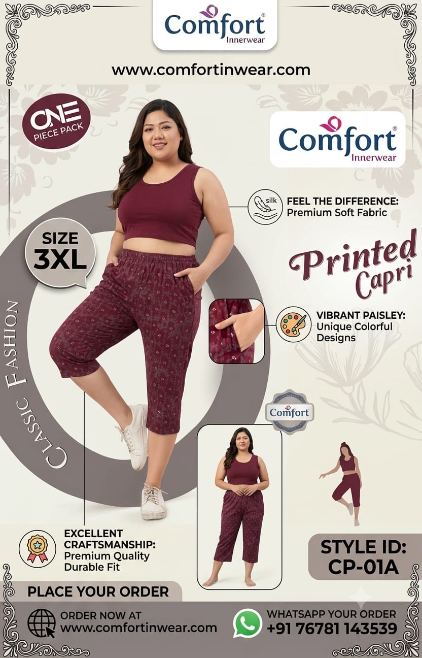 Women's Maroon Printed Capri CP-01A | Vibrant Paisley Design | Premium Soft Fabric | Plus Size 3XL with Pockets - Comfort Innerwear