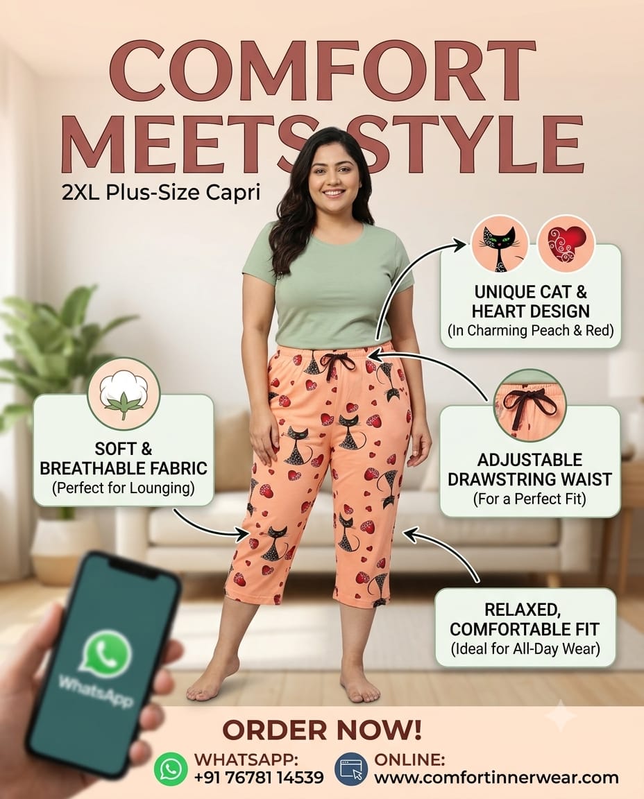 Women's Peach Cat & Heart Printed Capri | 2XL Plus Size Lounge Wear | Soft Breathable Fabric with Adjustable Drawstring - Comfort Innerwear