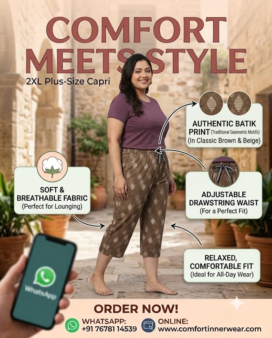 Women's Brown Authentic Batik Printed Capri | 2XL Plus Size | Traditional Geometric Motifs | Soft Breathable Lounge Wear - Comfort Innerwear