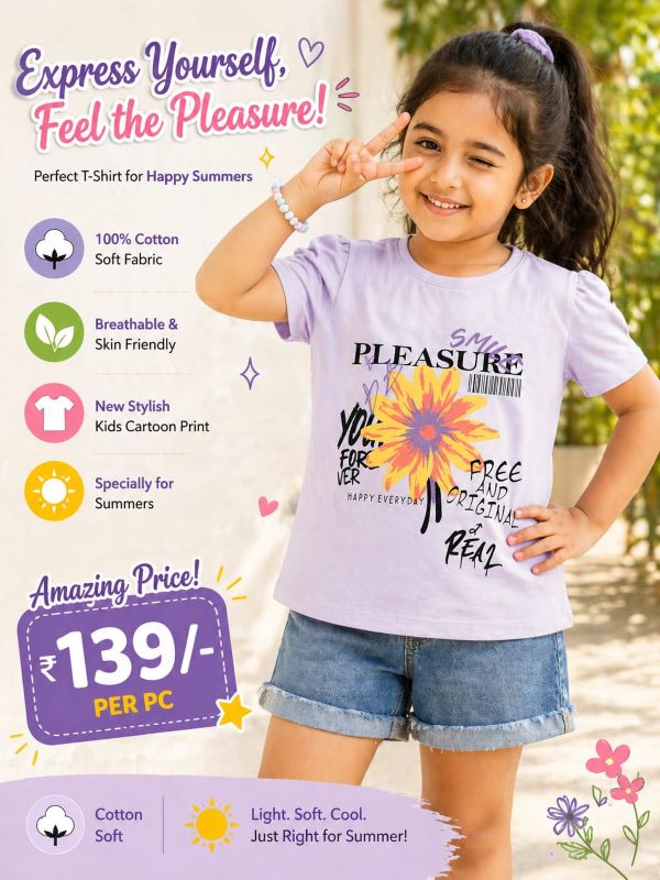 Girls 100% Cotton Printed T-Shirt – Soft, Breathable Summer Wear for Kids (Age 3–4 Years)