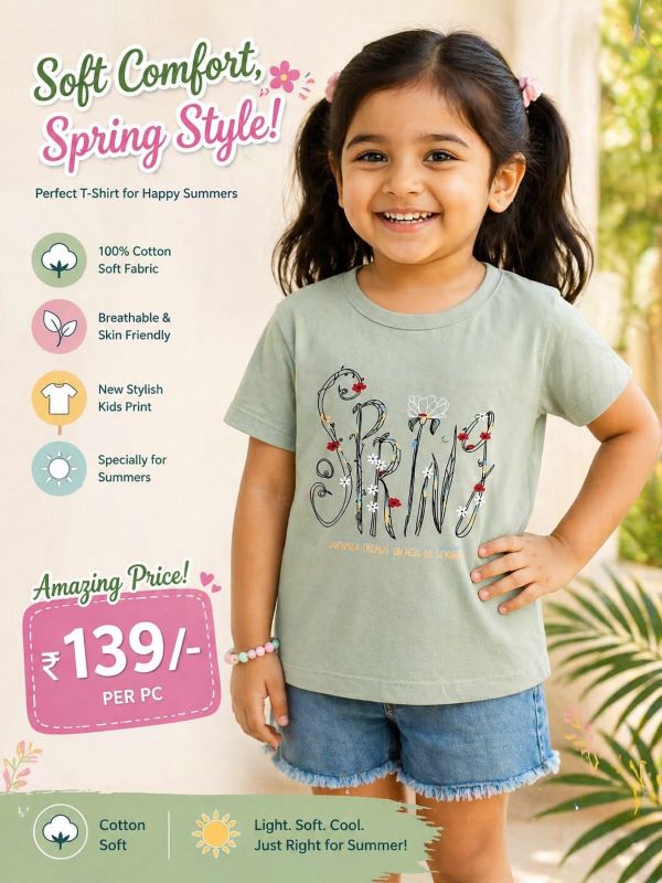 Girls 100% Cotton Printed T-Shirt – Soft, Breathable Summer Wear for Kids (Age 3–4 Years)