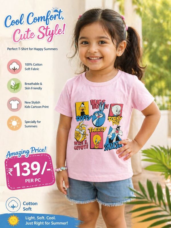 Girls 100% Cotton Printed T-Shirt – Soft, Breathable Summer Wear for Kids (Age 3–4 Years)