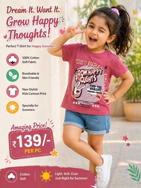 Girls 100% Cotton Printed T-Shirt – Soft, Breathable Summer Wear for Kids (Age 3–4 Years)