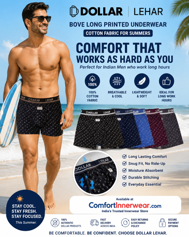 Dollar Lehar  Long Printed Men’s Underwear Size L (90 cm) – Soft Cotton Comfort Boxer for Summers