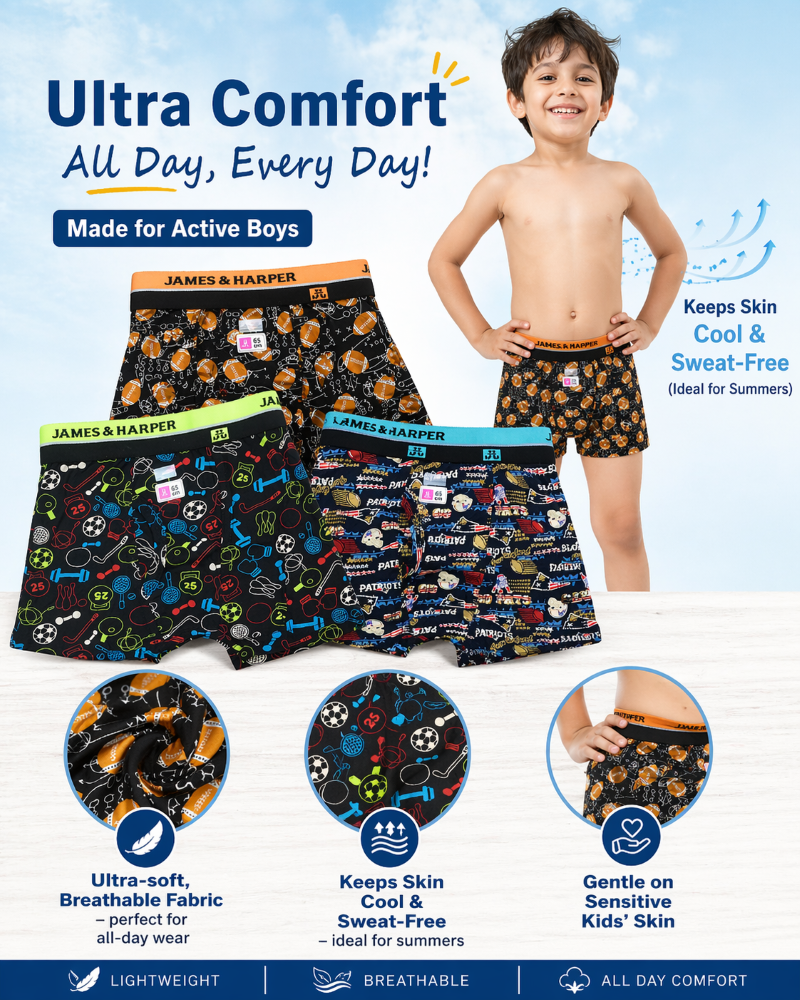 Boys Printed Boxer Underwear Combo Pack | Soft & Comfortable Kids Innerwear  Size 60 cm to 73 cm  James & Harper Comfort Innerwear