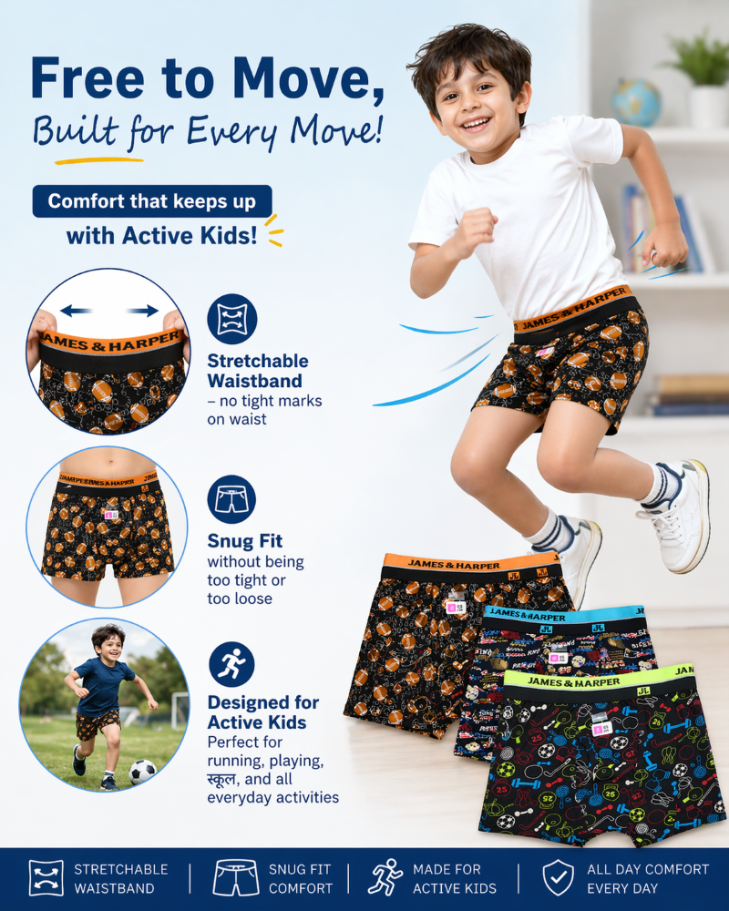 Boys Printed Boxer Underwear Combo Pack | Soft & Comfortable Kids Innerwear  Size 60 cm to 73 cm  James & Harper Comfort Innerwear
