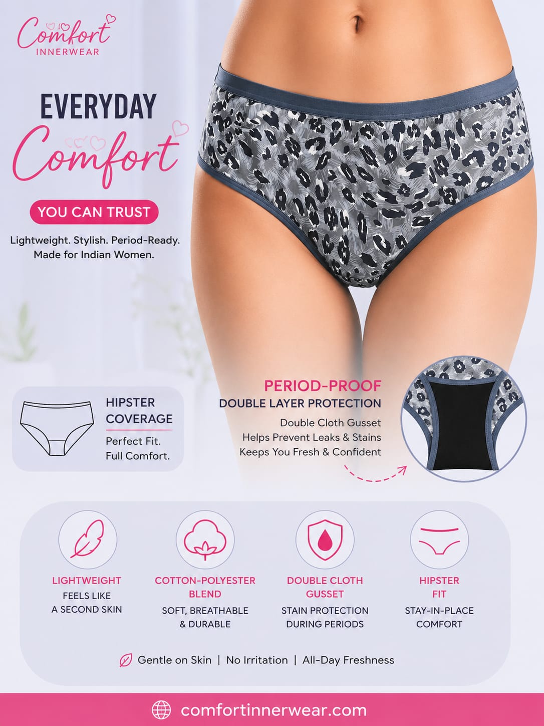Comfort Women's Printed Hipster Panty – Soft, Lightweight & Period-Friendly