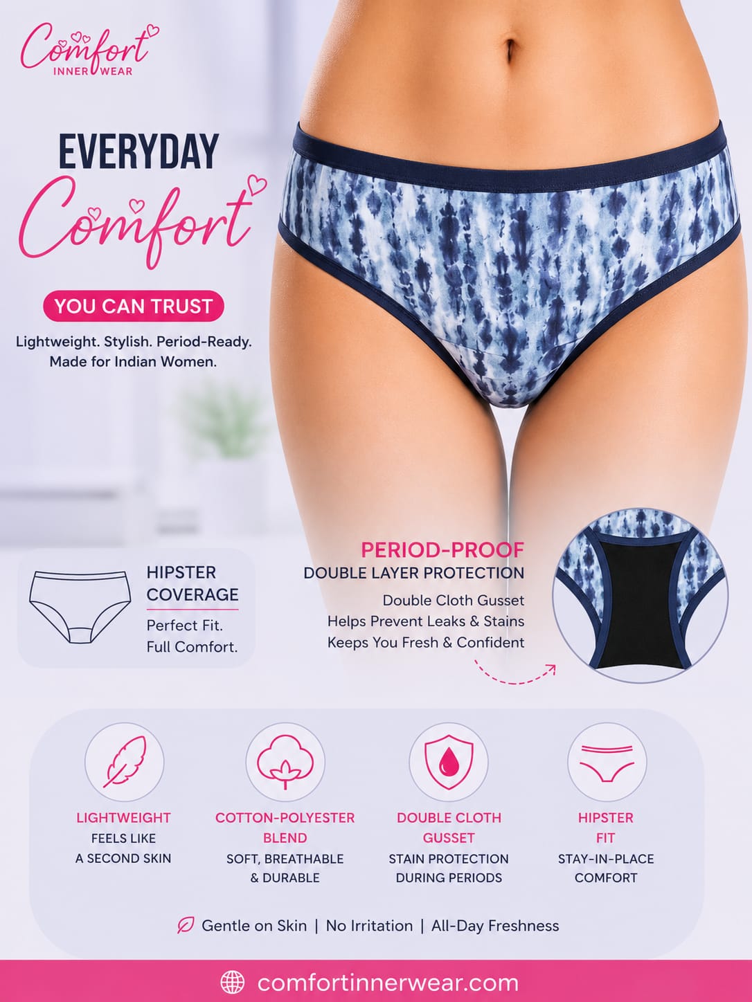 Comfort Women's Printed Hipster Panty – Soft, Lightweight & Period-Friendly