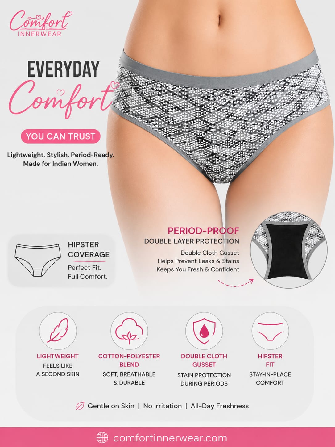 Comfort Women's Printed Hipster Panty – Soft, Lightweight & Period-Friendly