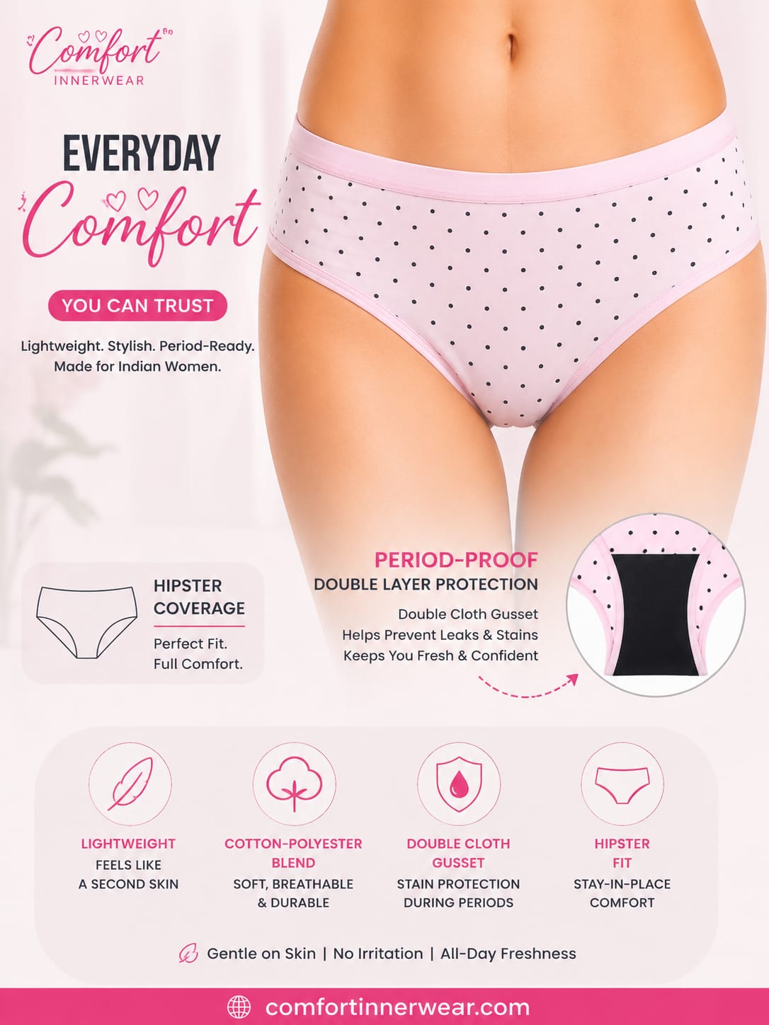 Comfort Women's Printed Hipster Panty – Soft, Lightweight & Period-Friendly