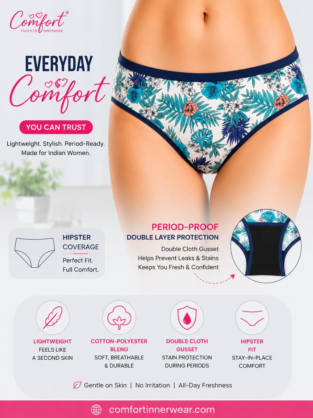 Comfort Women's Printed Hipster Panty – Soft, Lightweight & Period-Friendly