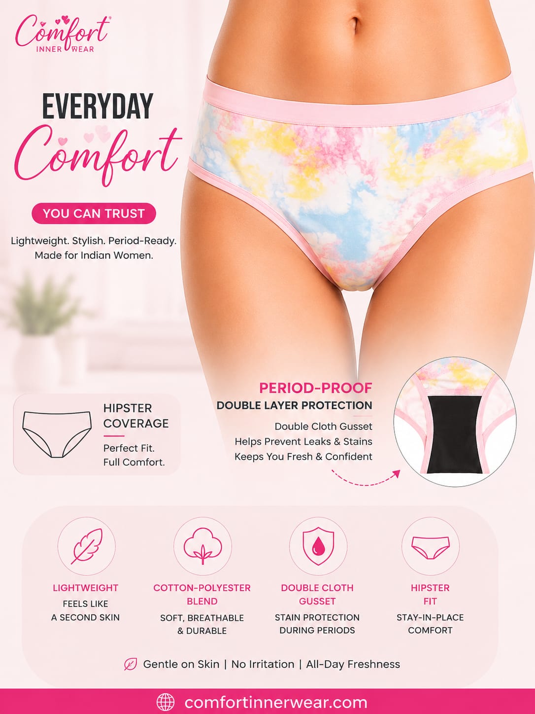 Comfort Women's Printed Hipster Panty – Soft, Lightweight & Period-Friendly