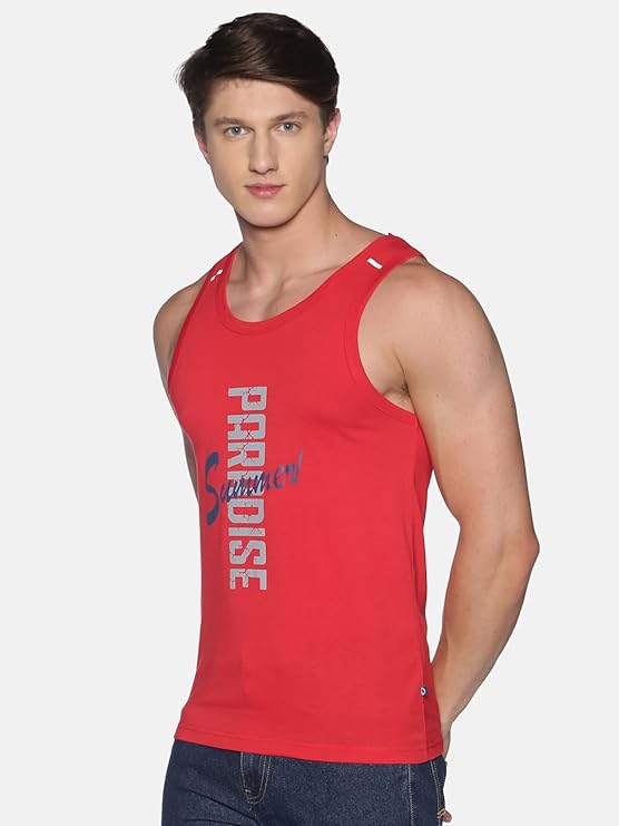 DOLLAR ATHLEISURE Men Regular Fit Typographic Sleeveless Vest with Scoop Neck (All Sizes S, M , L &XL)