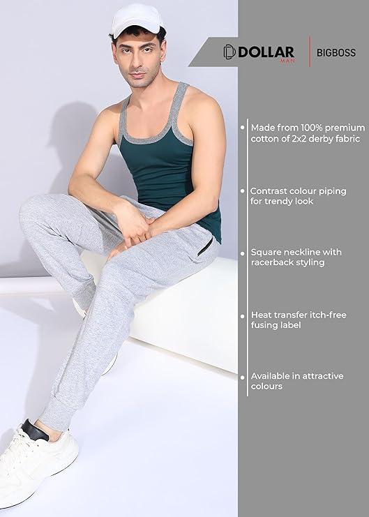 Dollar Bigboss Men's Assorted Solid Combed Cotton Racerback Styled Gym Vest (Colour May Vary) size M to XXL