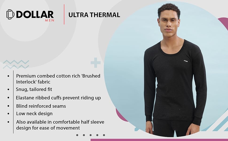 Dollar Ultra Super Soft Cotton Full Sleeve Round Neck Thermal Top & Bottom Set for Men | Winter Inner Wear Set | Men's Regular Fit Cotton Rich Brushed Fabric Thermal Top & Bottom Set for winters Size M to XXL