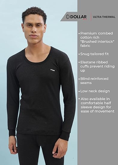 Dollar Ultra Super Soft Cotton Full Sleeve Round Neck Thermal Top & Bottom Set for Men | Winter Inner Wear Set | Men's Regular Fit Cotton Rich Brushed Fabric Thermal Top & Bottom Set for winters Size M to XXL