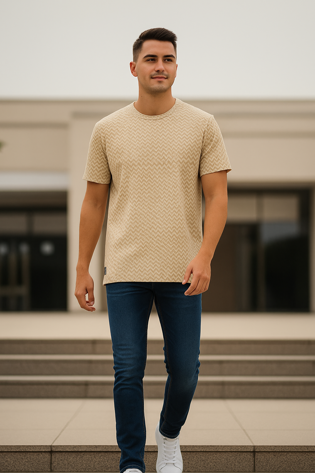 Restrive Brown Zig Zag Stripe T-Shirt | Cotton Blend Lycra Tee