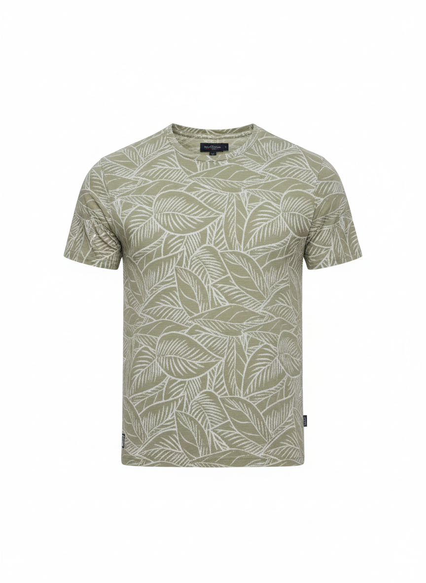 Men's Olive Green Leaf Print Short Sleeve T-Shirt: The 'Restrive' Relaxed Fit